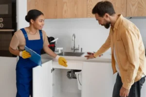 A home owner is talking with kitchen remodeling expert during the renovation project in Queens, NY. By Alliance Constructionny