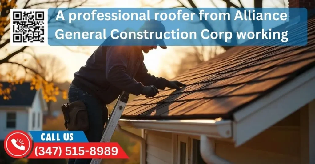 A professional roofer from Alliance General Construction Corp. working