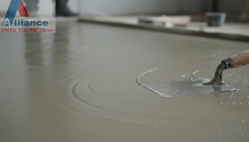 A close-up shot of a freshly poured concrete surface with a trowel resting on the side, highlighting the smooth texture and solid craftsmanship alliance general construction work