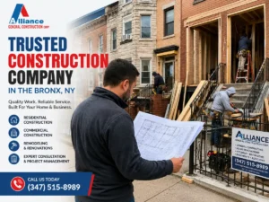 Bronx homeowner reviewing renovation plans while licensed contractors work on a home remodeling project in the Bronx, NY